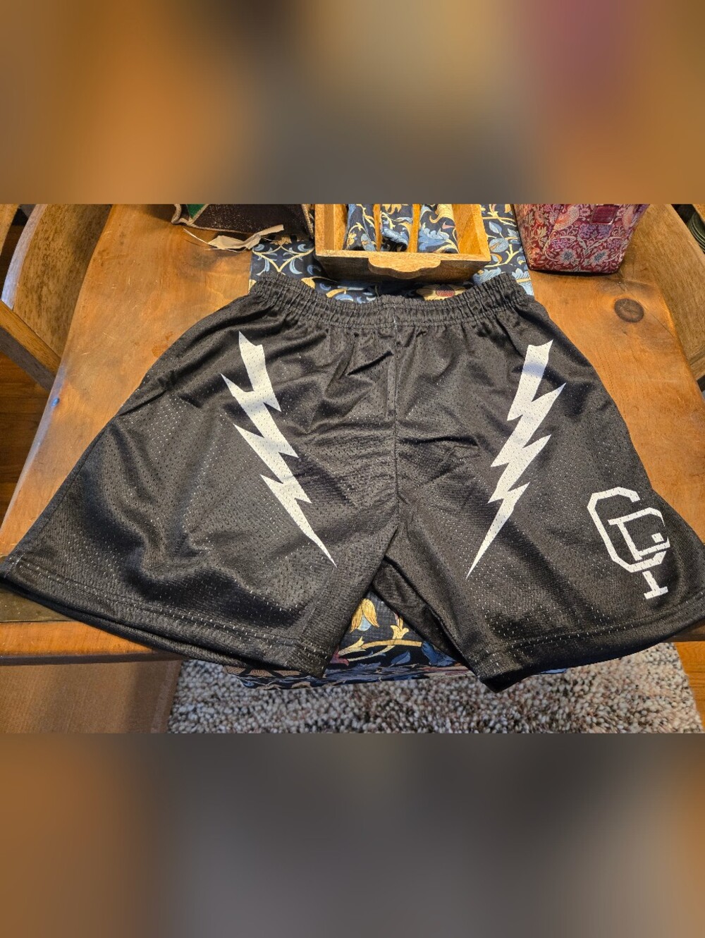 Crisp Nyc Men's Black Athletic Shorts with Silver Lightning Graphics Xl